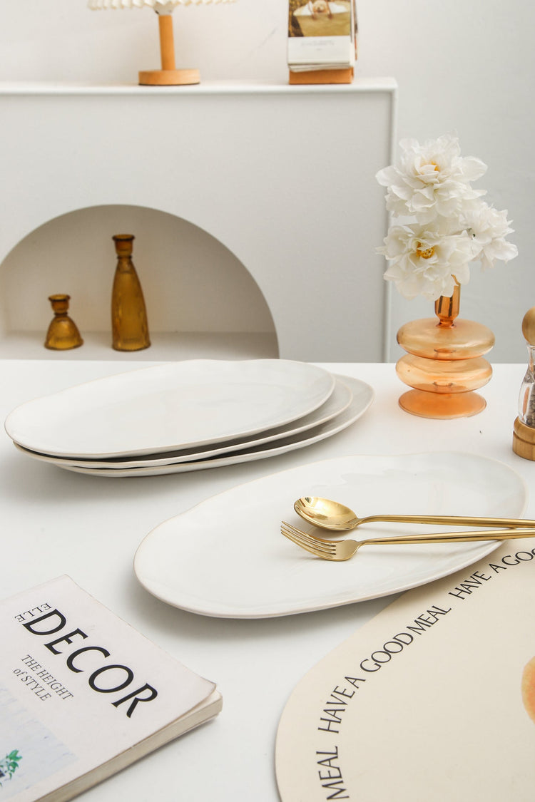 3-Piece Stoneware Serving Platter Set in Pearl White