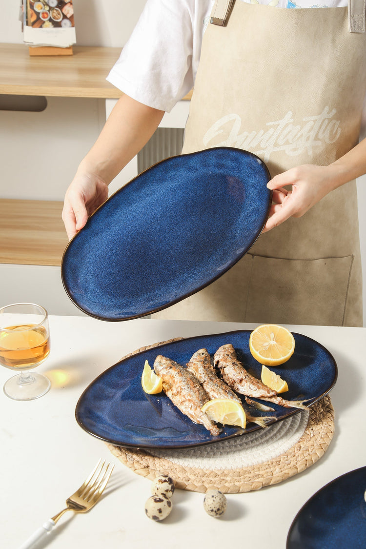 3-Piece Stoneware Serving Platter Set in Ocean Blue