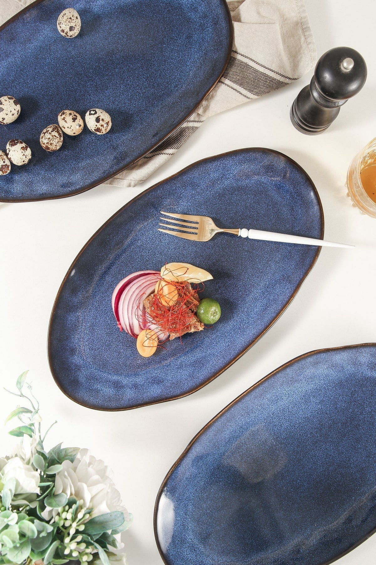 3-Piece Stoneware Serving Platter Set in Ocean Blue